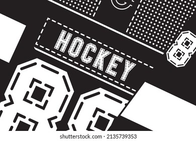 Vector Sport Detailed Black Rectangular Background Of Ice Hockey Jersey Back With Dots On Shoulders, Name Tag, Number And Striped Sleeves.