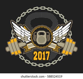vector sport emblem for the gym kettlebell competition with wings in chains on a black background