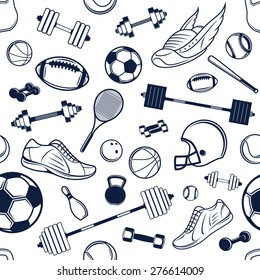 Vector Sport Equipment Black and White Background, Seamless Pattern