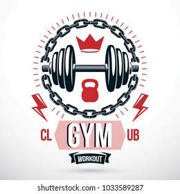 Vector sport equipment, dumbbell with disc weight and kettle bell. Fitness and heavyweight gym sport club emblem template