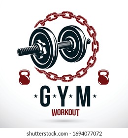 Vector sport equipment, dumbbell with disc weight and kettle bell. Gym weightlifting and fitness sport club symbol