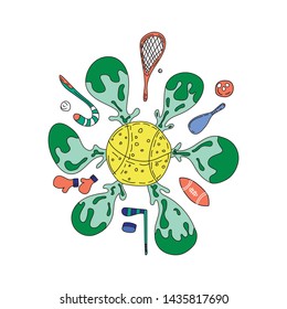 Vector sport equipment illustration. Sports exercises items. Racket and bat for sport game illustration