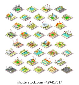 Vector Sport events Pool Facility Building Game 3D. Isometric City Map town indoor Sport Infographic Building. Stadium Track road Pool Camp. Game Icon Sport Isometric Vector 3D olympics City Stadium