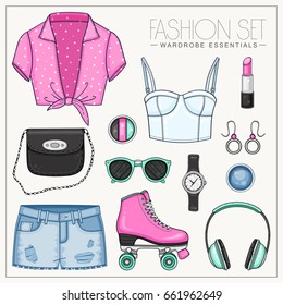 Vector sport fashion set of woman's clothes and accessories. Summer outfit with roller skates, headphones, jeans shorts and tops 