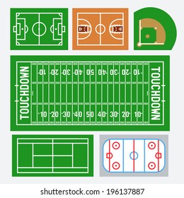 Vector sport fields set: soccer, basketball, baseball, american football, tennis, hockey