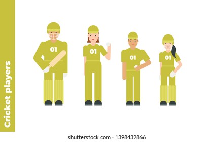 Vector sport flat character set. Group of professional young cricket player isolated on white background. Batsmen character in green uniform with ball. Design element for web, banner, poster, souvenir svg