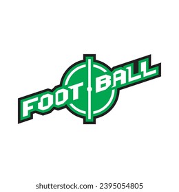 Vector sport football typographic logo and center circle with black contour green field and white letters on white background. Soccer symbol.