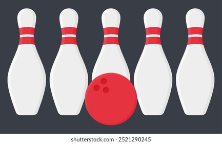 Vector Sport Game Bowling Pins and Ball. Red Bowling Ball Illustration.