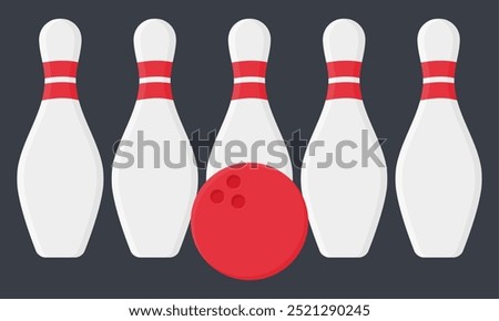 Vector Sport Game Bowling Pins and Ball. Red Bowling Ball Illustration.