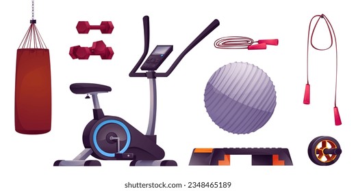 Vector sport gym exercise equipment cartoon set. Fitness furniture for home with weight, elliptical trainer, ball pear, jump rope and dumbbell. Isolated aerobic element collection with wheel roller