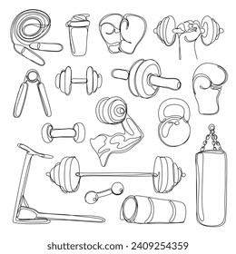 Vector sport gym exercise equipment doodle set. Fitness furniture with weight, pear, jump rope and dumbbell. Isolated aerobic element collection.