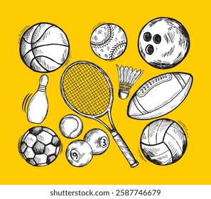  vector sport icons soccer, basketball, softball, rugby on yellow background