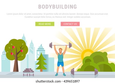 Vector sport illustration banner. Bodybuilding man fitness and sport. Modern isolated illustration city sports. Template with buttons for website banner and landing page. Sport background or template.