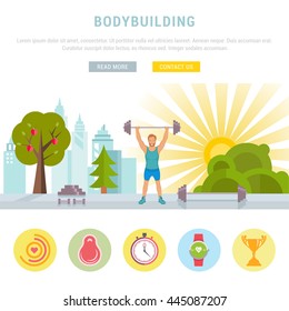 Vector sport illustration banner. Bodybuilding man fitness. Modern isolated illustration city. Template with buttons for website landing page.