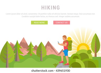 Vector sport illustration banner. Hiking man. Modern isolated illustration nature sports. Template with buttons for website banner and landing page. Sport background or template.
