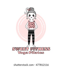 Vector sport illustration. Fashion kawaii girl in fitness, yoga or pilates sportswear, leggings and shirt. Logo, icon or card for healthy life, sport, fitness, pilates and yoga club. Smiling face