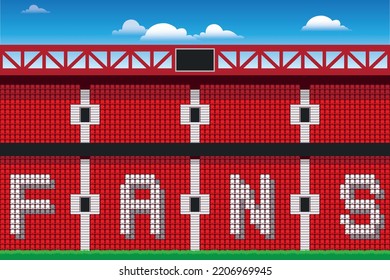 Vector sport illustration of football red tribune with the inscription fans, lawn and sky with clouds. Soccer stadium background.