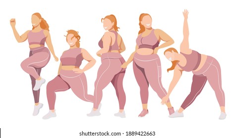 vector sport illustration on the topic of body positivity and physical activity. a group of healthy girls of natural beauty in leggings and sports bras are engaged in fitness. each figure is isolated.