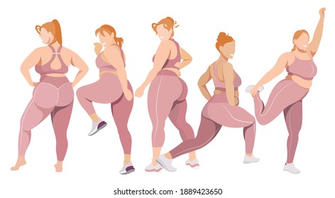 vector sport illustration on the topic of body positivity and physical activity. a group of healthy girls of natural beauty in leggings and sports bras are engaged in fitness. each figure is isolated.