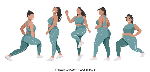 ilustración plana vectorial sobre el tema de positividad corporal y actividad física. un grupo de chicas saludables de belleza natural en leggings y sostenes deportivos se dedican al fitness. cada cifra está aislada.