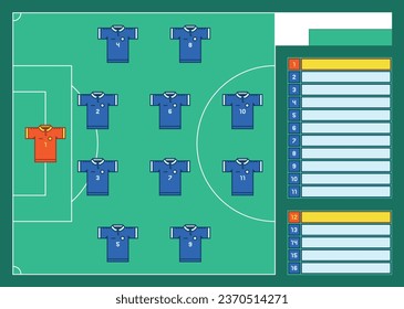 Vector sport illustration of soccer team starting line-up and substitutes with orange football goalkeeper jersey and blue player jerseys on green field background and blank name tags with numbers.