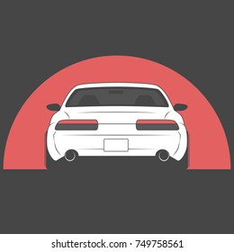 Vector sport japan car on red sun background. Car sketch. Back view.