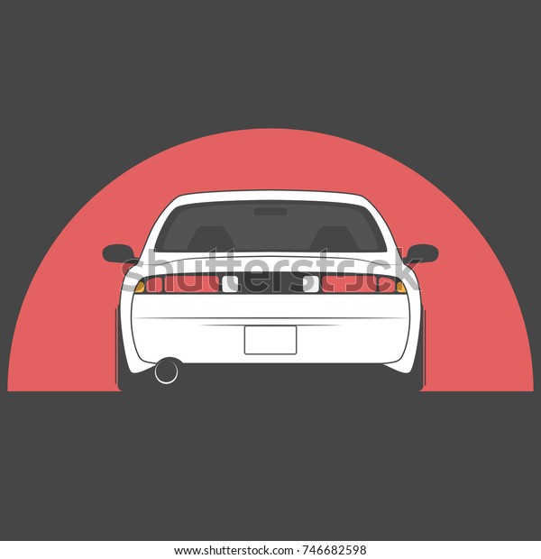 Vector sport japan car on red sun background. Car\
sketch. Back view.