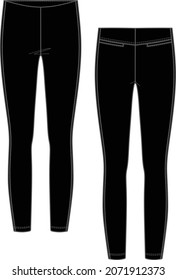 Vector sport leggings fashion CAD, woman lounge or yoga leggings with high waist technical drawing, legging fashion flat with back detail, sketch, template. Leggings with front, back view, black color