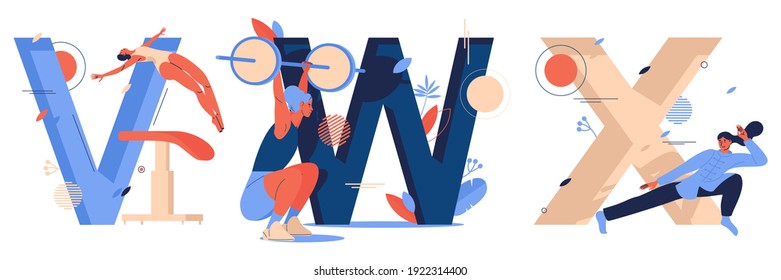 Vector sport letters collection with woman characters during training. V for vaulting table jump, W for weightlifting, X for xingyiquan martial art. Isolated on white background concept alphabet