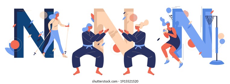 Vector sport letters N collection. Women training nordic walking, netball, ninjutsu fighting sparring. Concept illustrations about healthy lifestyle good for schools or clubs 