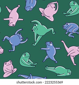 Vector sport lifestyle seamless pattern. Frog training seamless design for fabric, wallpaper or wrapping paper. Funny frog yoga repeat  texture.