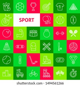 Vector Sport Line Icons. Thin Outline Symbols over Colorful Squares.