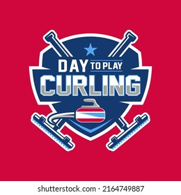 Vector sport logo curling with curling stone and cross curling broom concept