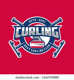 Vector sport logo curling with curling stone and cross curling broom concept