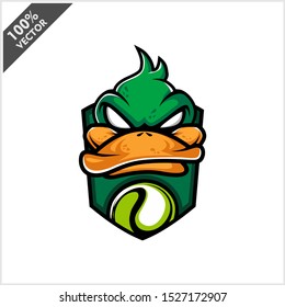 Vector sport logo, duck head illustration and badminton on the shield background. Logo for sport club or team. Vector illustration	