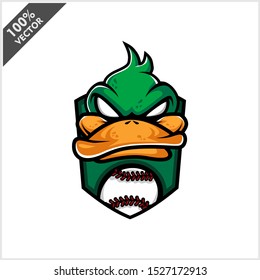Vector sport logo, duck head illustration and baseball on the shield background. Logo for sport club or team. Vector illustration	
