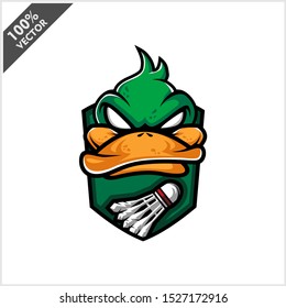 Vector sport logo, duck head illustration and badminton on the shield background. Logo for sport club or team. Vector illustration	