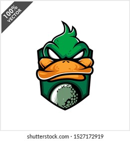 Vector sport logo, duck head illustration and golf on the shield background. Logo for sport club or team. Vector illustration	