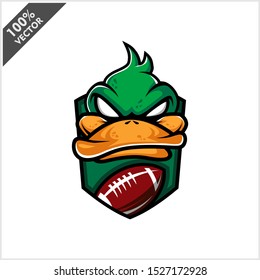 Vector sport logo, duck head illustration and football on the shield background. Logo for sport club or team. Vector illustration	