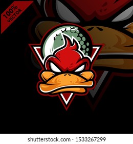Vector sport logo, duck head illustration and golf on the shield background. Logo for sport club or team. Vector illustration