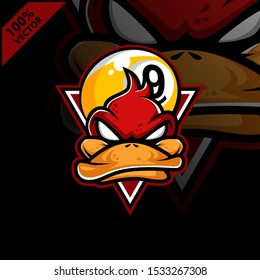Vector sport logo, duck head illustration and billiard ball 9 on the shield background. Logo for sport club or team. Vector illustration