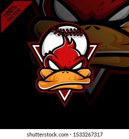 Vector sport logo, duck head illustration and baseball on the shield background. Logo for sport club or team. Vector illustration	