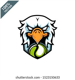 Vector sport logo, eagle head illustration and tennis ball on the shield background. Logo for sport club or team. Vector illustration