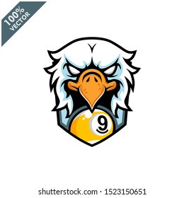 Vector sport logo, eagle head illustration and billiard 9 ball on the shield background. Logo for sport club or team. Vector illustration