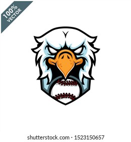 Vector sport logo, eagle head illustration and baseball ball on the shield background. Logo for sport club or team. Vector illustration