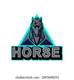 vector sport logo, horse head mascot illustration, front view with a triangular background at the bottom that says horse in bold
