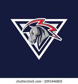 vector sport logo, horse mascot illustration side view with lightning-like hair on an inverted triangle