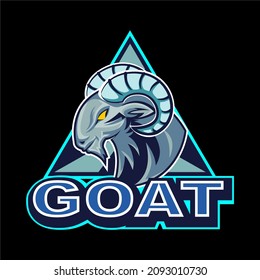 vector sport logo, illustration of the blue goat mascot on a triangular background, above the bold word goat