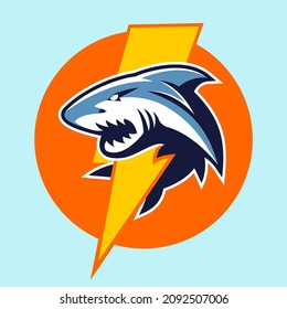 vector sport logo illustration of a ferocious shark mascot swimming through lightning in an orange circle