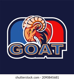 vector sport logo, illustration of the goat mascot on a red and blue field with bold writing goat underneath